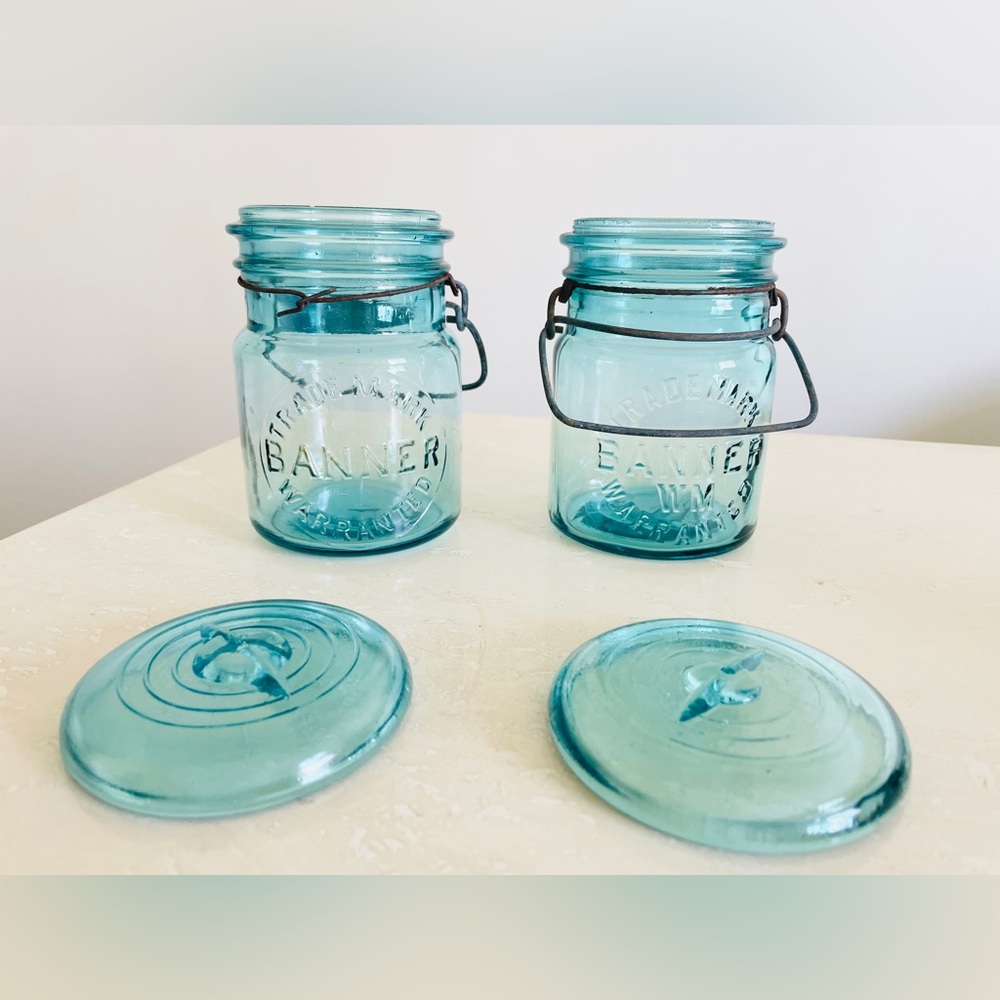 Lot of 2 Trade Mark Banner Warranted Wide Mouth Glass Jars w Lid Sour Dough Jar
